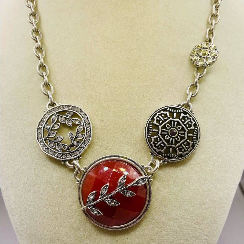 Lucky Brand Red and Silver Necklace with Circular Rhinestone Textured Pendants